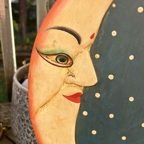 Vintage 16" Handmade Indonesia Hand Painted Sun Moon Wooden Wall Hanging Whimsy - Picture 11 of 16